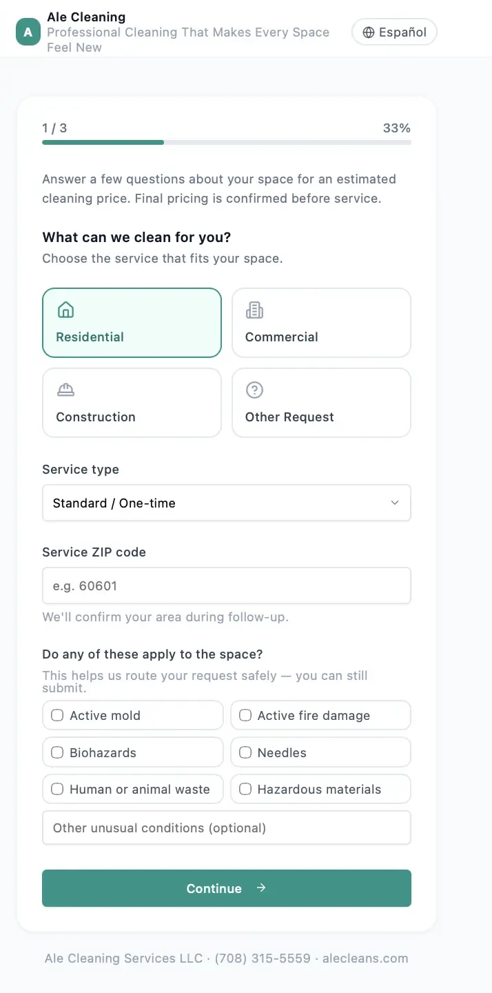 Step one of the Ale Cleaning Services instant estimator, choosing a service.