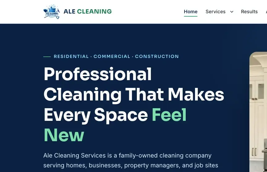 The Ale Cleaning Services website homepage.